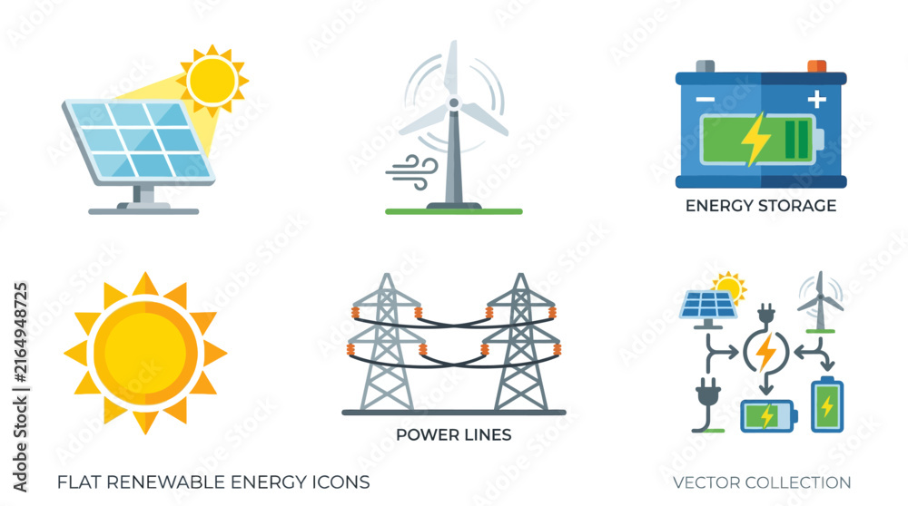 Naklejka premium Collection of flat renewable energy icons featuring solar panels wind turbines energy storage and power lines for sustainable power grid systems