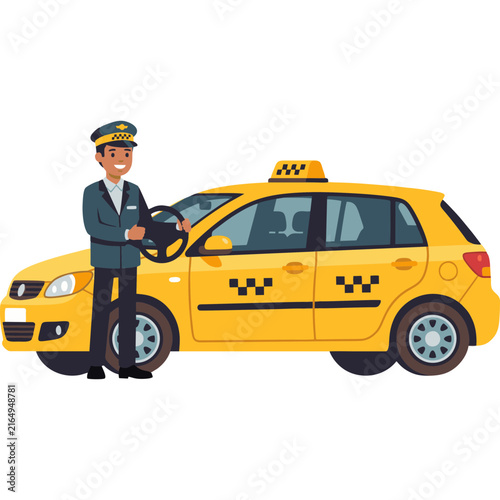Professional taxi driver character wearing a hat standing next to a yellow taxi cab with service transportation transport professional character chauffeur automotive employment commuter