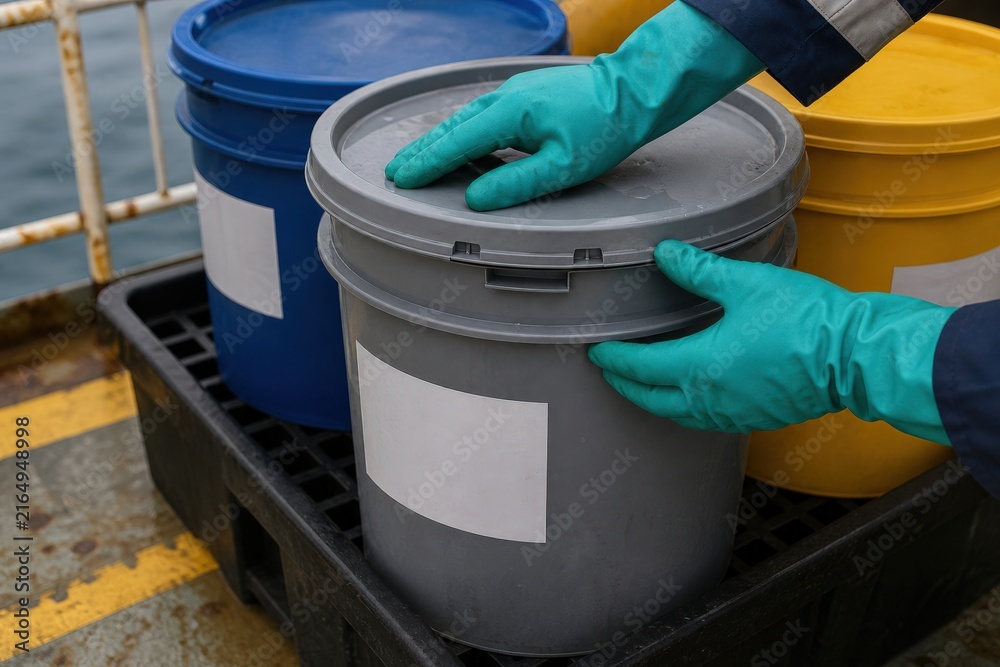 Naklejka premium Marine Oil Spill Response Training Hands Checking Waste Container Seal