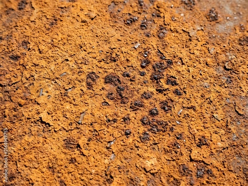 Extreme close-up of flaky textured iron surface covered in thick orange rust with corrosion
