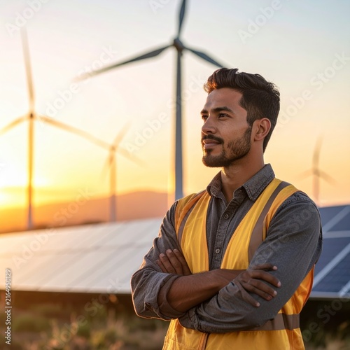 Professional engineer standing at a renewable energy wind and solar power farm at sunset.