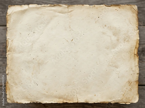 Vintage textured paper background with stained edges placed on dark wood planks parchment material