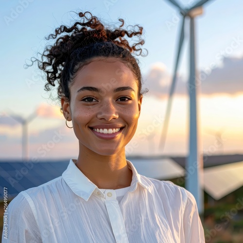 Young African American woman smiling confidently in professional attire near wind turbines at sunset