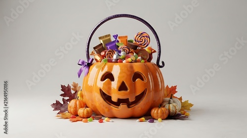 Happy Halloween Pumpkin Basket Full of Candy: A grinning jack-o'-lantern, overflowing with assorted colorful candies and treats, sits surrounded by autumn leaves and mini pumpkins.