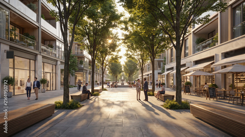 Mixed-Use Development Pedestrian Spine With Plaza Connection and Planting
