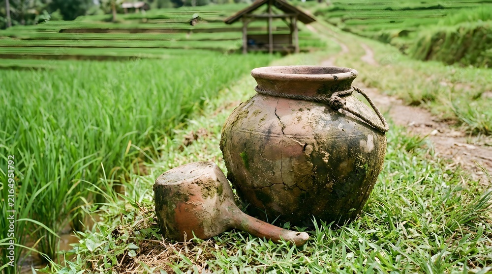 Fototapeta premium Traditional Indonesian clay pot and dipper on green grass with lush rice field terraces background