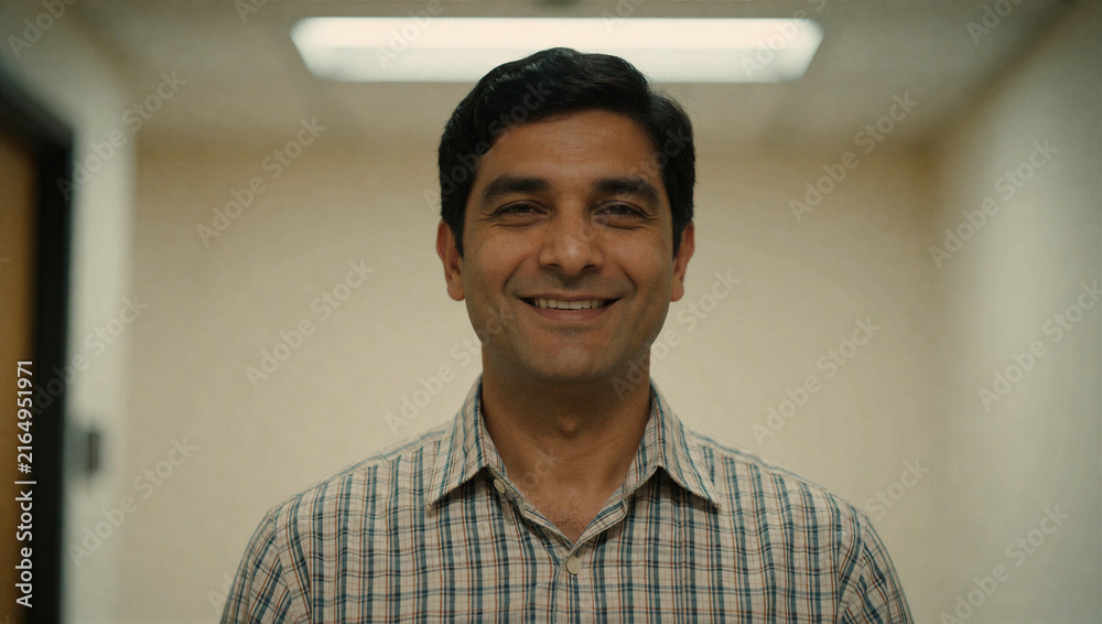 Obraz premium Smiling man in a plaid shirt standing in an office corridor