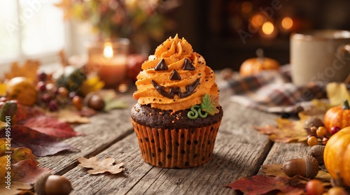 A festive Halloween cupcake with orange jack-o'-lantern frosting on a rustic wooden table surrounded by autumn leaves, pumpkins, and a warm candle.