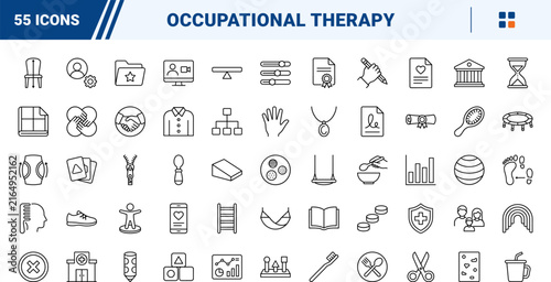 Pediatric occupational therapy art line icon set. Vector pictograms of sensory, integration, fine, and motor elements, thin linear illustration.