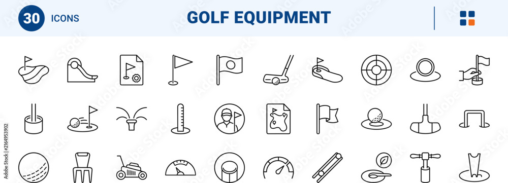 Naklejka premium Putting green flag line icon set. Vector pictograms of golf course, pin cup, putting green, and equipment elements, thin linear illustration.