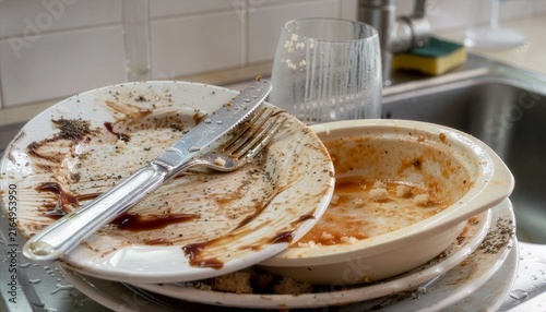 Close-up of multiple dirty dishes with dried food stuck to their surfaces, hardened sauce stains, crumbs and greasy residue, highly detailed textures.