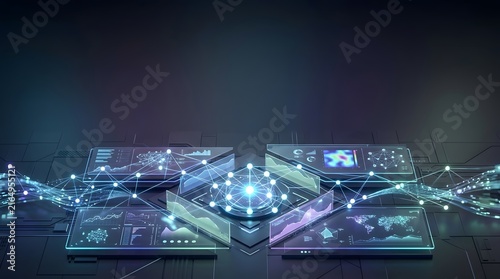 Obraz na płótnie Futuristic digital interface with glowing charts and interconnected network nodes displays complex data visualization technology cybernetic