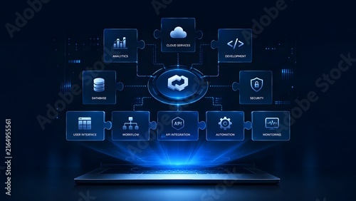 Futuristic software architecture concept with laptop projecting interconnected puzzle pieces of cloud database and API integration modules