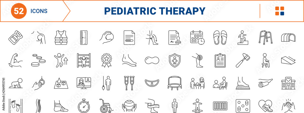 Fototapeta premium Pediatric physical therapy line icon set. Vector pictograms of child, rehab, motor, and skills elements, thin linear illustration.