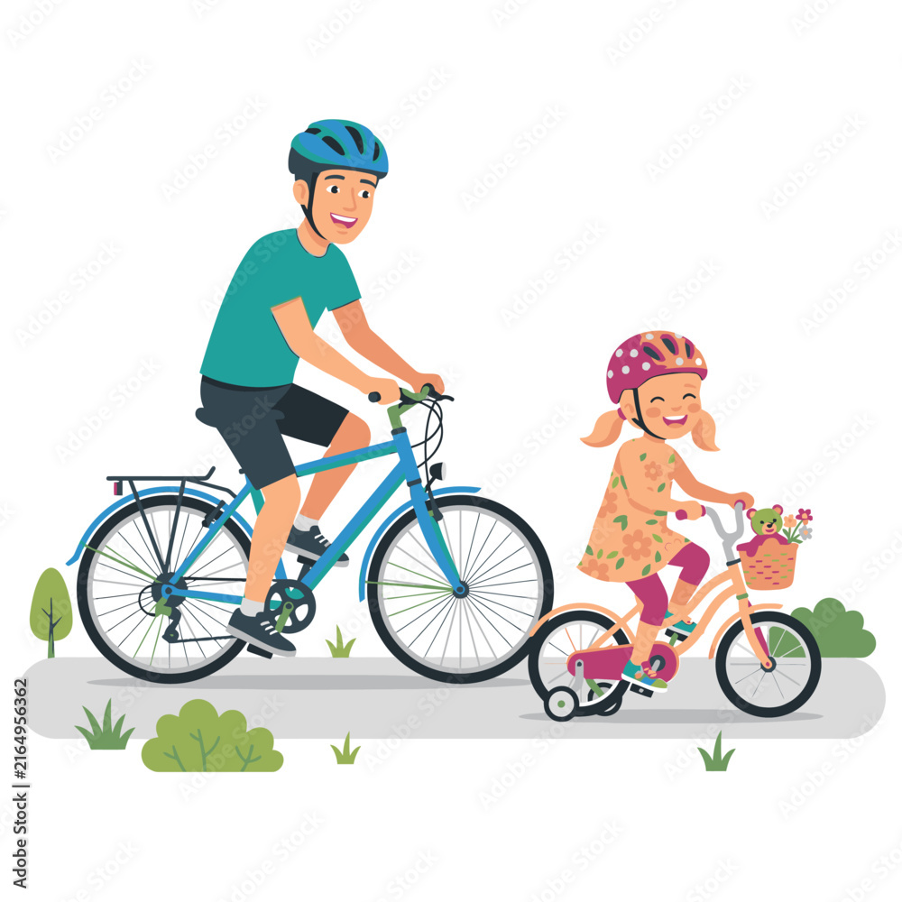 Fototapeta premium A father and daughter enjoying a bike ride together on a sunny day, surrounded by greenery. The father rides a blue bicycle while the daughter rides a smaller pink one with training wheels