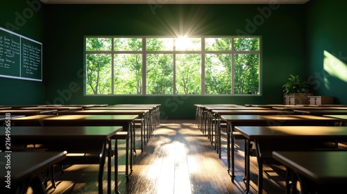 The image depicts an empty classroom illuminated by natural sunlight streaming through large windows at the front, revealing a lush green view outside