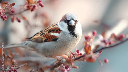 Sparrow perched on budding spring branch.