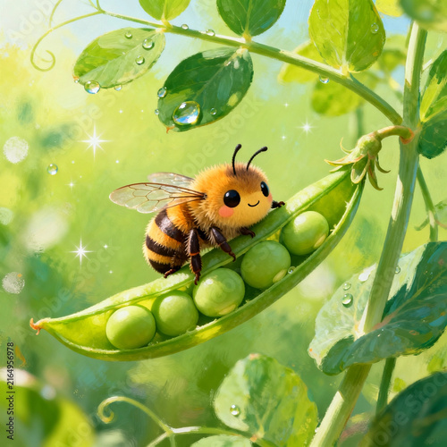 Cute Cartoon Bee Sitting On Fresh Pea Pod