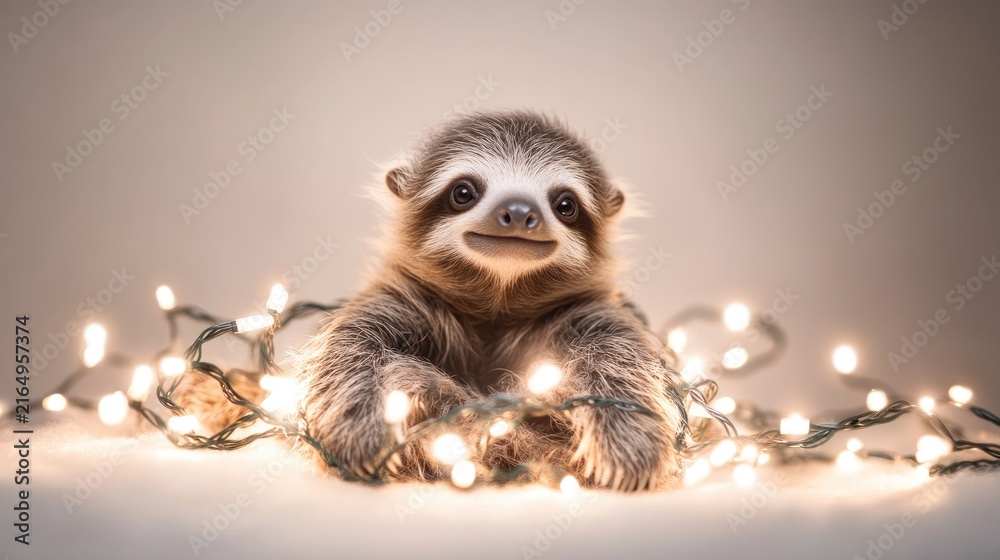 Naklejka premium The image features an adorable baby sloth lying on a flat surface, surrounded by glowing string lights