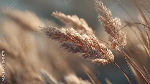 Golden ornamental grass plumes in soft sunlight