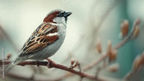 Perched sparrow on branch with spring buds