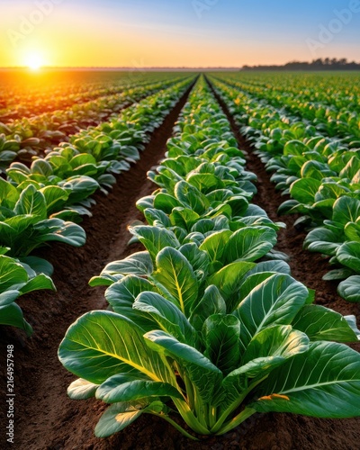Sun-drenched leafy green vegetable field with neat rows at sunrise on an organic farm