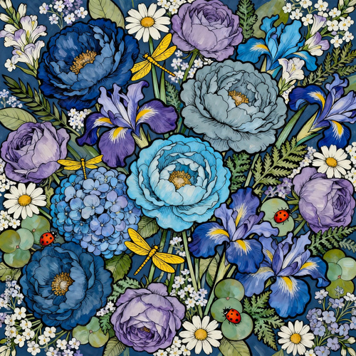 Blue Purple Floral Bouquet With Insects Seamless Art