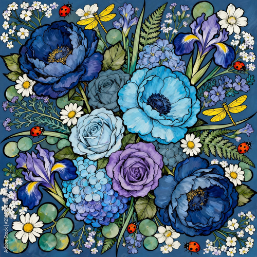 Blue Purple Floral Bouquet With Insects Seamless Art