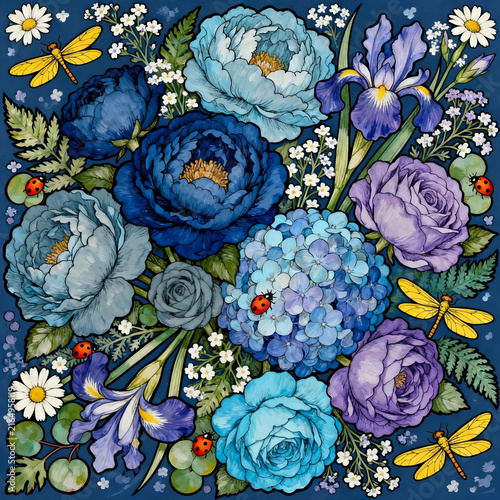 Blue Purple Floral Bouquet With Insects Seamless Art