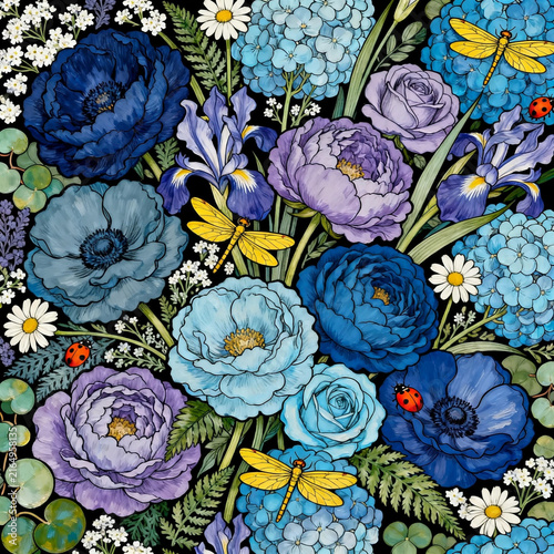 Blue Purple Floral Bouquet With Insects Seamless Art