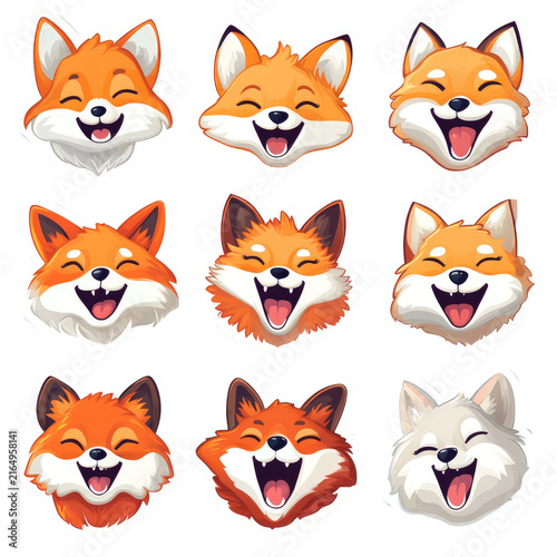 The image features a collection of nine cartoon style fox faces arranged in a 3x3 grid against a black background