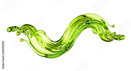 A luminous green liquid splash with swirling curves and reflective highlights on transparent background fluid lime chartreuse wave curve