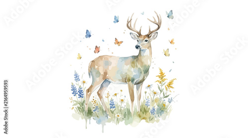 Watercolor deer with butterflies in a field