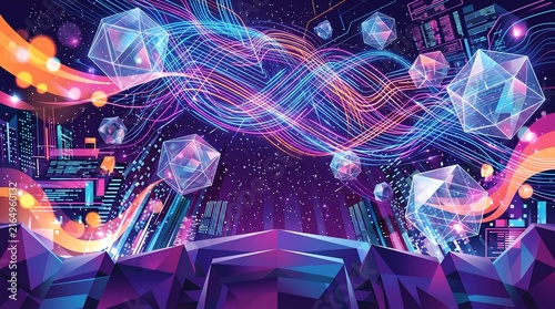 Abstract futuristic digital landscape with neon geometric shapes and flowing energy streams representing data connectivity and technology