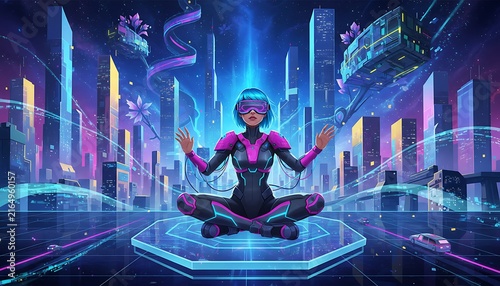 Futuristic Cyberpunk Woman Meditating in Neon Virtual Reality Cityscape