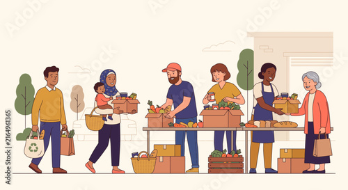 Diverse group of people shopping at a farmers market with fresh fruits and vegetables in reusable bags and baskets