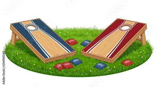 Cornhole game set with wooden boards and bean bags on green grass lawn.