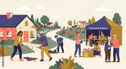 Community members volunteering outdoors with food donation and gardening activities in a neighborhood park