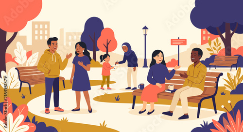 People enjoying a sunny day in a city park with trees, benches, and autumn foliage
