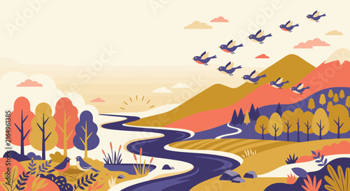 Scenic autumn landscape with river flowing through colorful trees and mountains under flying birds