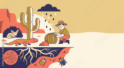 Illustration of a cowboy digging underground near a cactus with roots, insects, and soil layers in desert landscape