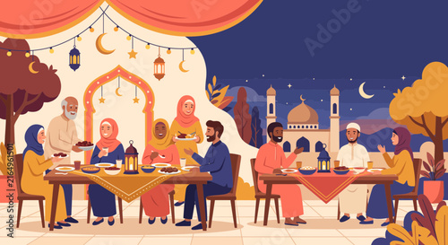 Outdoor Middle Eastern family and friends enjoying traditional meal together at festive gathering in evening