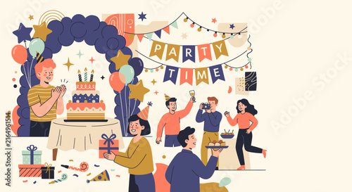 Group of people celebrating a birthday party with cake, balloons, decorations, and festive atmosphere
