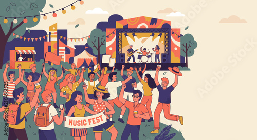 Illustration of a lively outdoor music festival with a crowd enjoying a live band performance on stage