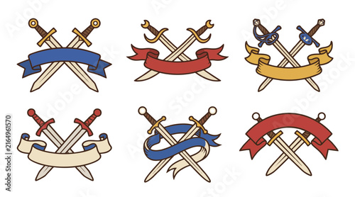 Crossed swords with vintage decorative ribbons displayed as colorful vector graphic elements for heraldic banner designs