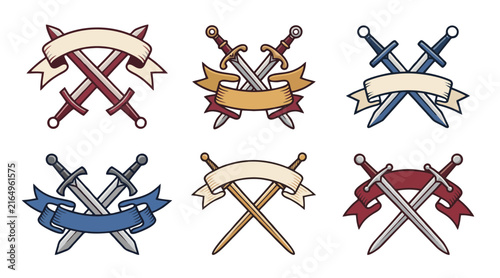 Crossed swords vector illustration set featuring decorative ribbons for heraldic emblems and historical medieval knight symbols