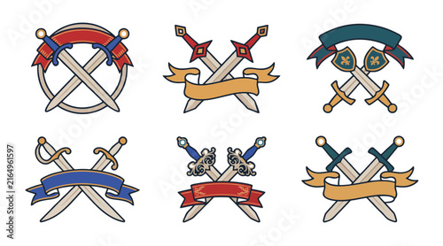 Quadro su tela Colorful heraldic vector illustration set featuring crossed swords paired with d