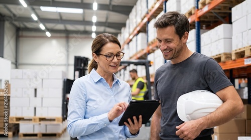 Warehouse Managers Reviewing Inventory On Digital Tablet In Modern Storage Facility