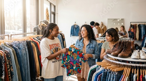 Candid Friends Thrifting Vintage Clothes, Diverse Group Shopping Secondhand Fashion In Bright Store, Young Women Browsing Racks, Sustainable Lifestyle, Copy Space