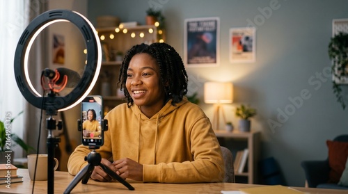 Young Woman Creating Social Media Content, Behind The Scenes Filming A Reel With Ring Light, Candid Real Emotion And Expression, Gen Z Creator, Authentic Connection, Copy Space